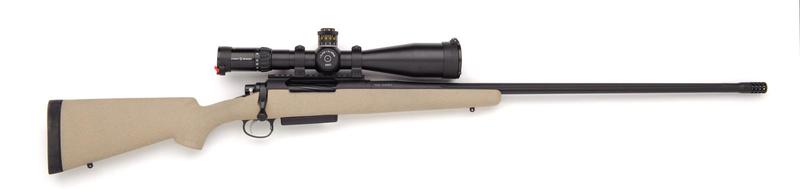 338 Lapua Tac-Hunter Custom Synthetic Rifle with fluted barrel, muzzle break and Schmidt & Bender Scope