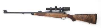  375 Custom rifle with express sights- barrel band- iron sights- leather wrapped pad and drop box magazine